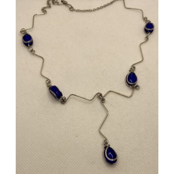 Silver Tone Blue Oval Glass Unique Link Station Necklace Drop Pendant 17 in - Picture 7 of 9